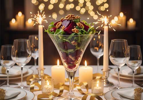 готовый салат с запеченной свеклой и орехами на праздничном столе