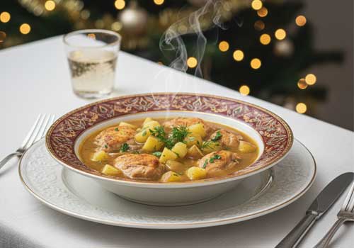 тушеная курица с картофелем в красивой тарелке на новогоднем столе