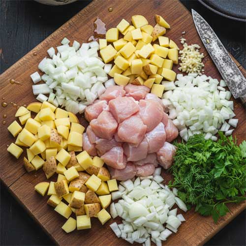 Нарезанные мясо курицы, картофель, лук, чеснок и зелень