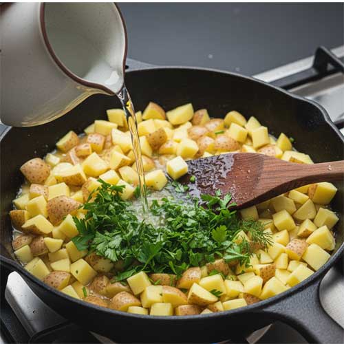 сковорода с мясом курици, картофелем, добавляем воду