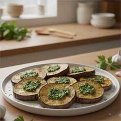 жареные баклажаны на тарелке, политые соусом