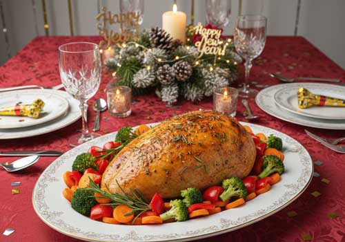 запеченная индейка с овощами на красивом блюде на новогоднем столе