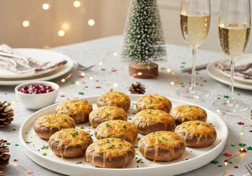 готовые запеченные шампиньоны на праздничном Новогоднем столе
