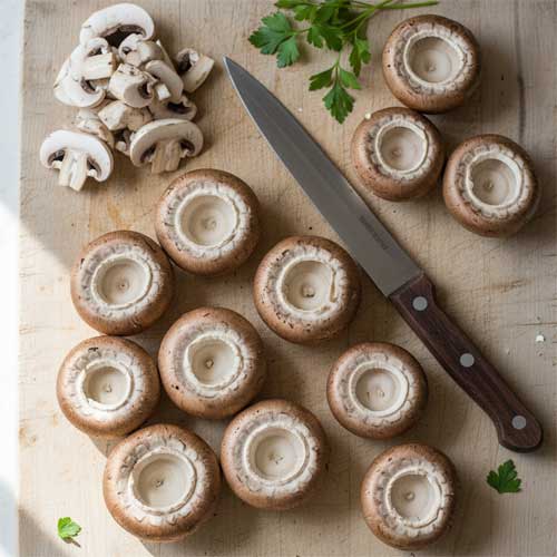 шампиньоны подготовленные для фарширования на разделочной доске