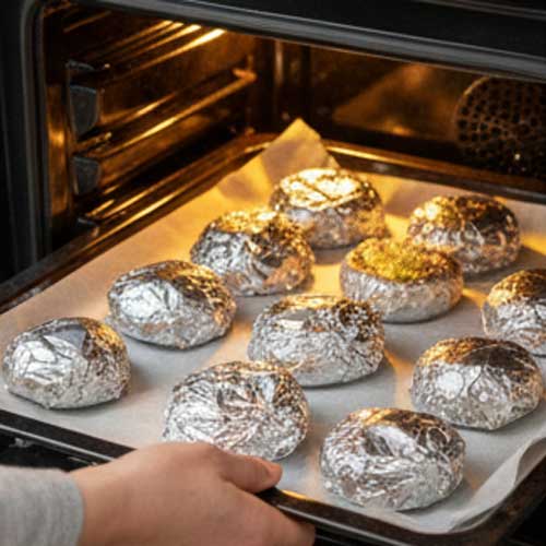 ставим фаршировенные грибы в фольге в духовку