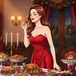 женщина возле праздничного стола ест клубничку: здоровое питание в праздники